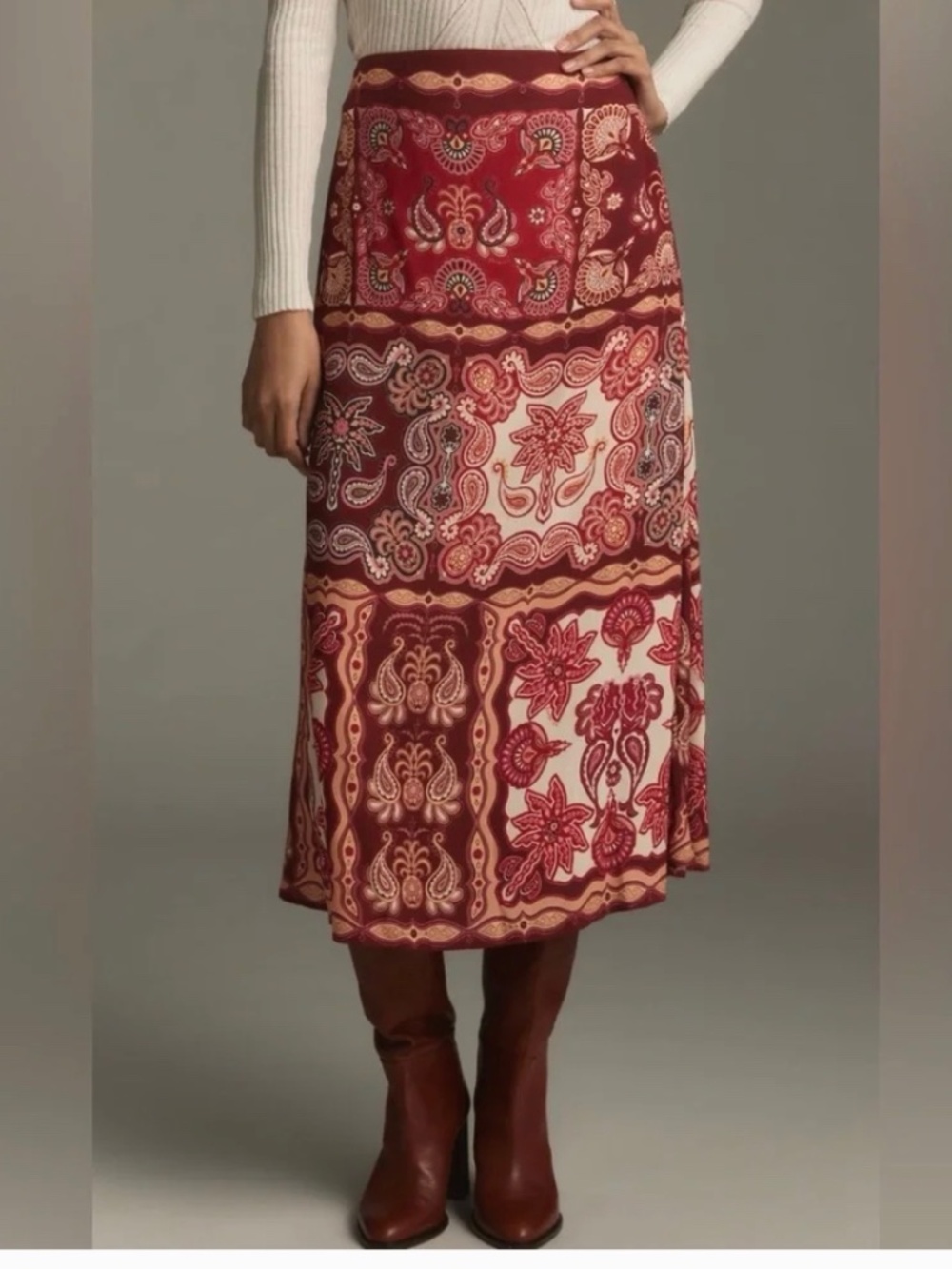 NWT Farm Rio Satin Slip A-Line Paisley Scarf Print Midi Skirt Medium